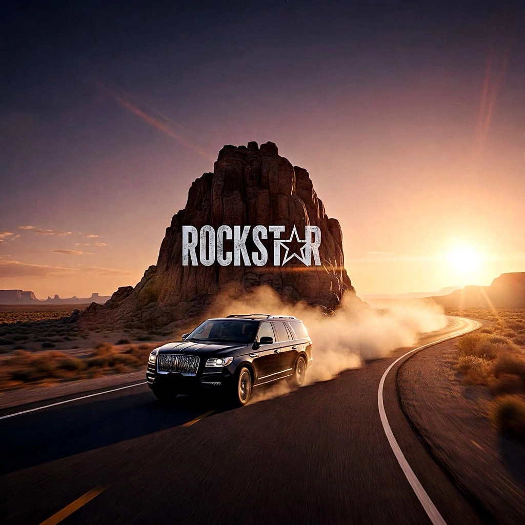 Rockstar Transport — black SUV on a desert road at sunset, driving past a rock formation under the word ROCKSTAR