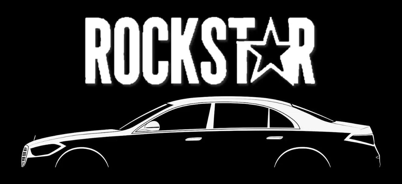 Rockstar Transport — ROCKSTAR lettering with a star in place of the A, over a white outline silhouette sedan with a black body and white roofline, on black